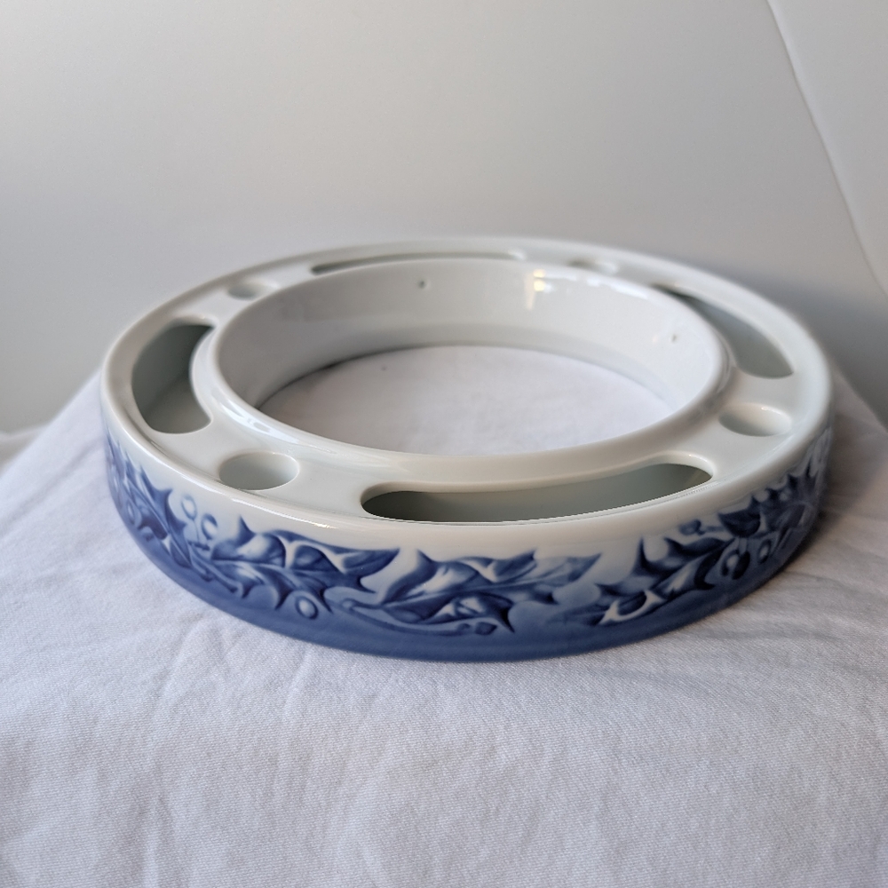Vintage Bing & Grondahl Denmark Blue Holly Porcelain Floral Candle Ring Vase